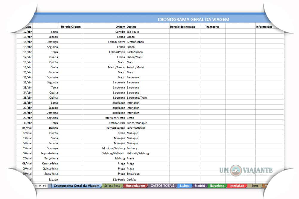 Cronograma Geral da Viagem - Mochilão Europa
