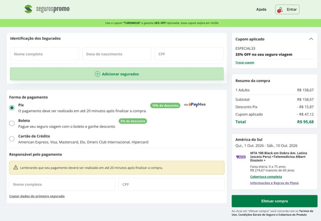 Tela de pagamento do Seguros Promo com cupom e desconto no Pix
